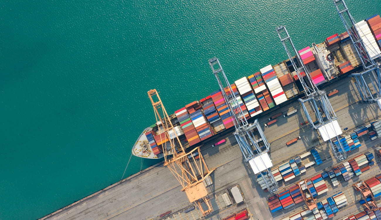 Birds-eye view of ship with containers on